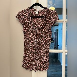 Beautiful floral 100% silk top with tie front cap sleeve feminine top sz 10 EUC